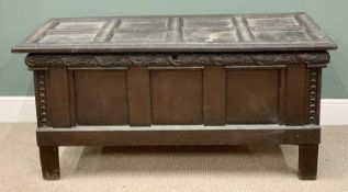 ANTIQUE CARVED OAK COFFER - having fielded panels in the Gothic style, with lift-up lid and interior