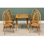 ERCOL LIGHT ELM TABLE & CHAIRS - drop leaf table, 72cms H, 137cms W, 74cms D (open) and six (four