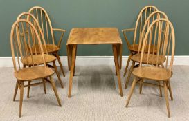 ERCOL LIGHT ELM TABLE & CHAIRS - drop leaf table, 72cms H, 137cms W, 74cms D (open) and six (four