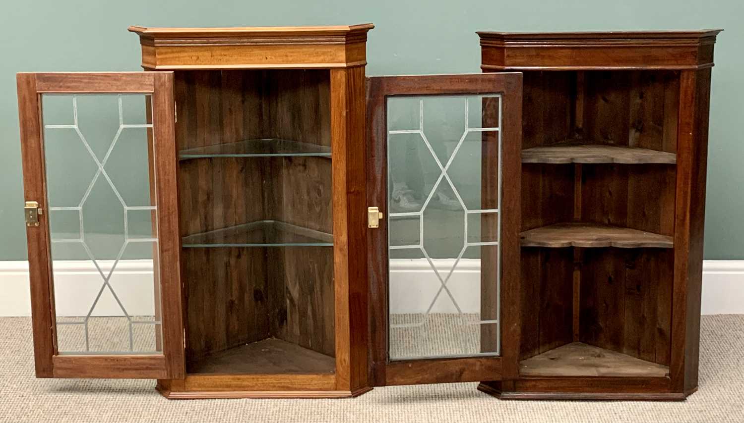 VINTAGE MAHOGANY WALL HANGING CABINETS - two similar with astragal leaded glass single doors, - Image 2 of 3