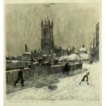 HAROLD RILEY limited edition print (17/25) - Manchester Cathedral in winter, signed in pencil, 34