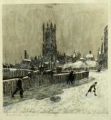 HAROLD RILEY limited edition print (17/25) - Manchester Cathedral in winter, signed in pencil, 34