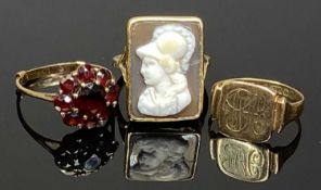 9CT GOLD RINGS (3) - one with deep rectangular setting on open shoulders set with a carved shell