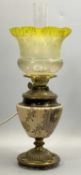VICTORIAN OIL LAMP - fluted ceramic column, transfer decoration with gilded highlights on a gilded