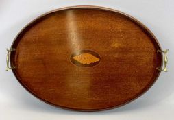 EDWARDIAN MAHOGANY OVAL SERVING TRAY - with raised gallery, inlaid central shell motif, gilded brass