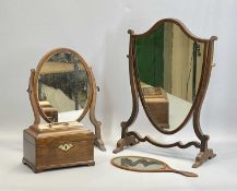 19TH CENTURY MAHOGANY SKELETON FRAMED DRESSING TABLE MIRROR - shield shaped plate, 53.5cms H,