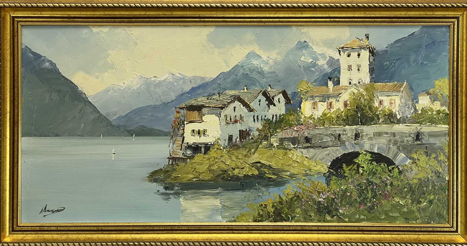 INDISTINCTLY SIGNED oil on canvas - Lake Garda and buildings, 39 x 85cms