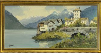 INDISTINCTLY SIGNED oil on canvas - Lake Garda and buildings, 39 x 85cms