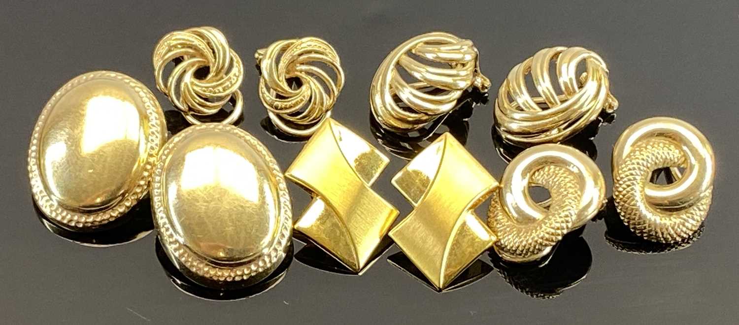 9CT GOLD EARRINGS, 5 PAIRS - in various designs, all clip-on, all stamped '375', 20.6grms gross