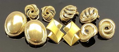 9CT GOLD EARRINGS, 5 PAIRS - in various designs, all clip-on, all stamped '375', 20.6grms gross
