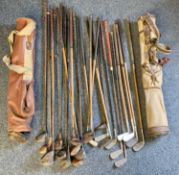 VINTAGE GOLF CLUBS & BAGS - various woods, irons and putters, with two canvas bags.