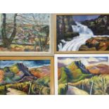 PAULINE SALMON acrylics (4) - colourful rural scenes to include Conwy Mountain and waterfall, the