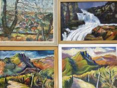 PAULINE SALMON acrylics (4) - colourful rural scenes to include Conwy Mountain and waterfall, the