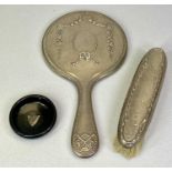 HALLMARKED SILVER DRESSING TABLE ITEMS (3) - to include a circular hand mirror with ribbon and