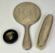 HALLMARKED SILVER DRESSING TABLE ITEMS (3) - to include a circular hand mirror with ribbon and