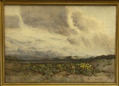 J W CLAYTON watercolour - vast landscape under grey clouds, signed, 52 x 72cms