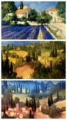 INDISTINCTLY SIGNED colourful painted effect prints (3) - Tuscany rural scenes, 70 x 114cms, 59 x