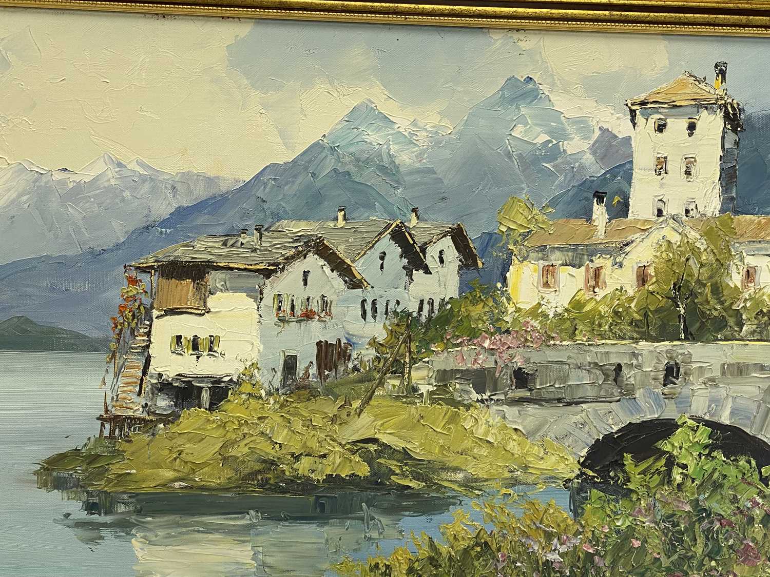 INDISTINCTLY SIGNED oil on canvas - Lake Garda and buildings, 39 x 85cms - Image 2 of 2