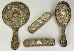 HALLMARKED SILVER DRESSING TABLE HAND MIRROR & BRUSHES GROUP - 4 items to include a circular hand