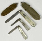 SILVER BLADED FRUIT KNIVES (3) - mother of pearl handles, two in suede purses, Sheffield