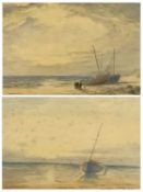 WILLIAM CADWALADER watercolours, a pair - fishing boats ashore, signed and dated lower left 1912, 13