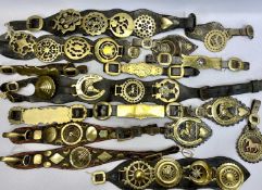 LEATHER MARTINGALES & HORSE STRAPS - 19th century with various horse brasses, brass buckles and