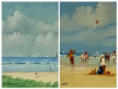 PAUL HART oil on card - depicting figures on beach with red kite flying, titled verso 'School