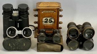 VINTAGE OAK DESK CALENDAR, BINOCULARS & OPERA GLASSES (4 pairs), a modern pair, Kylietech