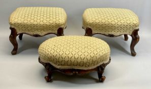 VICTORIAN MAHOGANY FRAMED FOOT STOOLS, A PAIR - serpentine shaped upholstered rectangular seats