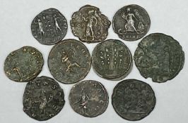 10 VARIOUS ROMAN COINS IN BRONZE/OTHER METALS - examples for Tetricus, Costantine II, 4 century AD