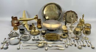 CAST BRASS ORNAMENT TWIN PROPELLOR AEROPLANE ON STAND, two cast brass bells, various items of plated