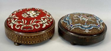 VICTORIAN CIRCULAR WALNUT FOOTSTOOL - with chequered stringing standing on three circular feet