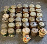 VINTAGE OAK, OTHER WOODS, GLASS & POTTERY BISCUIT BARRELS including Jasperware, oak, ETC (32 in