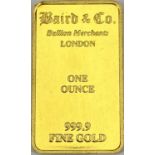 BAIRD & CO LONDON 1OZ PURE GOLD BAR - 4 x 2.4cms