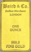 BAIRD & CO LONDON 1OZ PURE GOLD BAR - 4 x 2.4cms