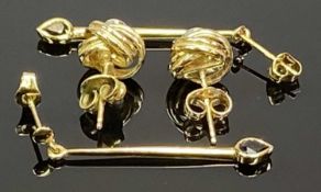 9CT GOLD EARRINGS, 2 PAIRS - with butterfly fasteners including a pair of drop earrings set with