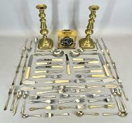 BRASS CANDLE HOLDERS, A PAIR - on square bases, 30cms tall, a Metamec carriage clock and a parcel of