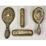 BIRMINGHAM HALLMARKED DRESSING TABLE HAND MIRROR & BRUSHES GROUP - 4 items, various dates and