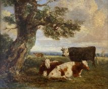 J WARD oil on canvas - cattle resting in the shade, signed, 23.5 x 28cms