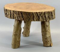 RUSTIC WOOD STOOL - the seat made from one cut round of a trunk and decorated with a wren and