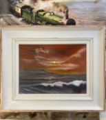 KAREN JONES oil on board - 'Golden Glow over Dinas Dinlle', initialled and signed verso, 29 x 39cms,