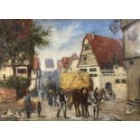 ENGLISH SCHOOL naive oil on canvas - a busy street scene with horses and cart, ducks and people in