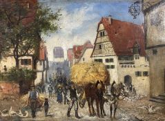 ENGLISH SCHOOL naive oil on canvas - a busy street scene with horses and cart, ducks and people in