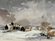 ALAN KIRKPATRICK 2000, (British born 1929), watercolour - winter landscape with ruined buildings,