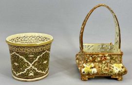 ZSOLNAY PECS HUNGARIAN POTTERY RETICULATED JARDINIERE - glazed in cream, brown and greens, gilded