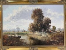 BRITISH SCHOOL 20th century oil on canvas - trees and figures by river with boat to side,