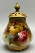 A ROYAL WORCESTER VASE - of ribbed waisted form, hand painted with roses and leaves and signed '
