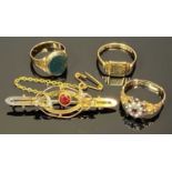 VICTORIAN & LATER 9CT GOLD & UNMARKED JEWELLERY - 4 items to include a 9ct stamped garnet and seed