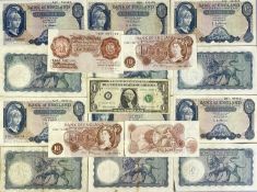 VINTAGE ENGLISH BANKNOTES (16) and 1 x USA one dollar note, Bank of England notes include 12 x circa