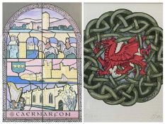 MIKE DAVIES print - 'Y Ddraig Goch', signed in pencil, 19 x 18cms, and 'Caernarfon' commemorative
